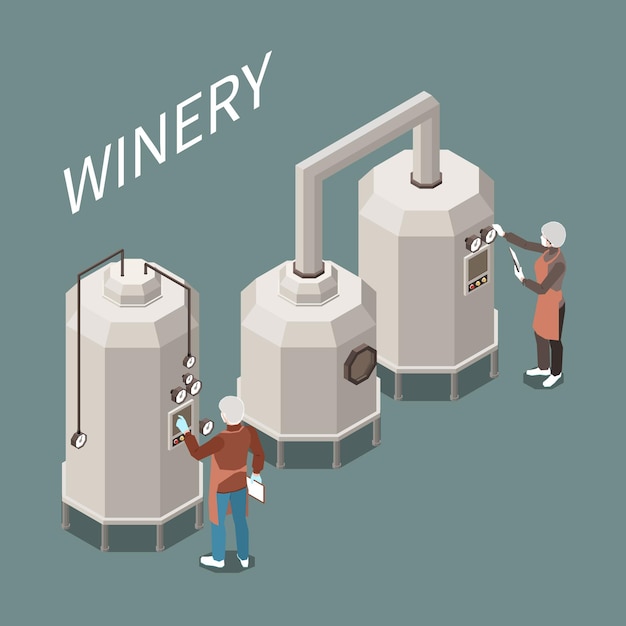 Wine production process at factory isometric illustration