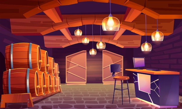 Wine shop, cellar interior with wooden barrels