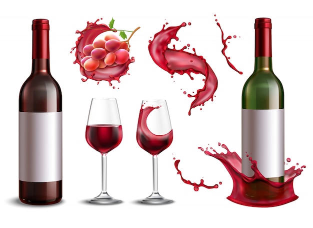 Wine splash collection with isolated realistic images of red wine bottles bunch of grapes and glasses illustration