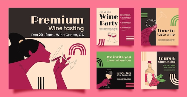 Free Vector wine tasting and vineyard instagram posts collection