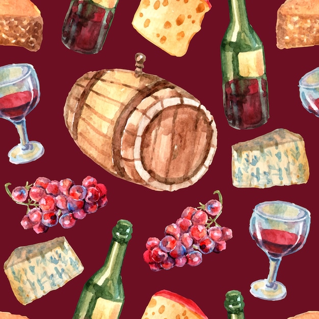 Wine watercolor seamless pattern with cheese grapes bottles and glass 