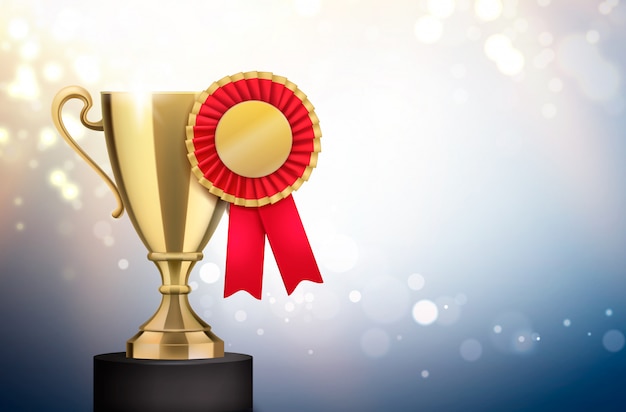 Free Vector winner gold trophy with red pleated badge rosette award realistic closeup composition blurry light  