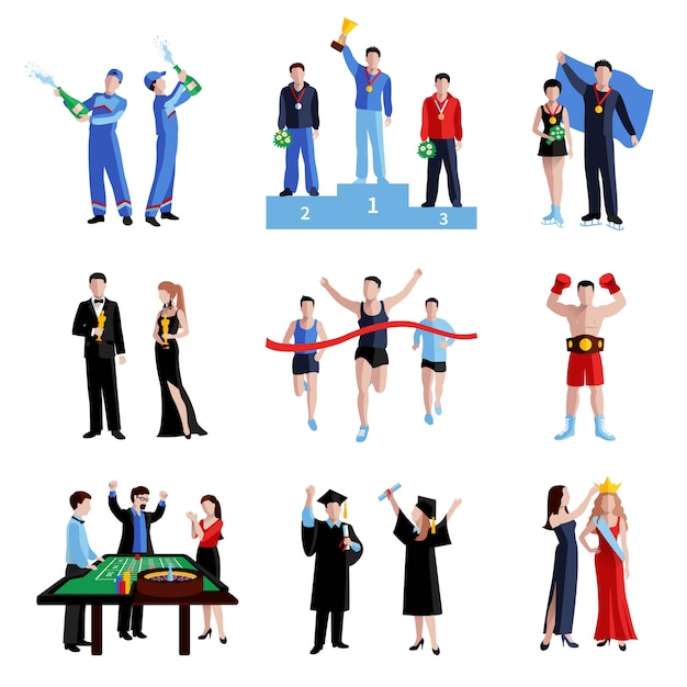 Free Vector winner icons set with sport education and arts