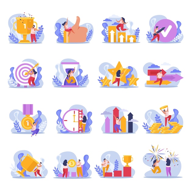 Winner people flat icons set with isolated doodle compositions of people with goals and achievements images vector illustration