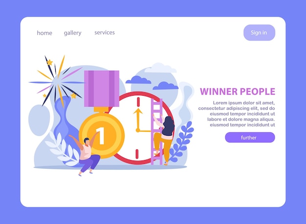 winner people landing page with trophies clock and people