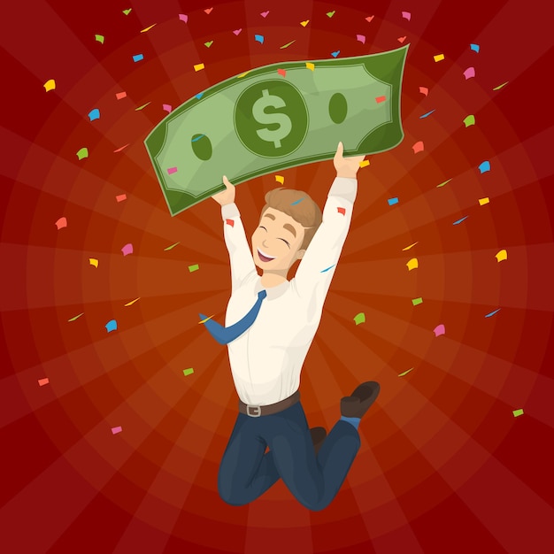 Free Vector winning the lottery man with big dollar banknote happy jumping man