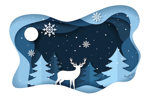 Winter background with reindeer in paper style