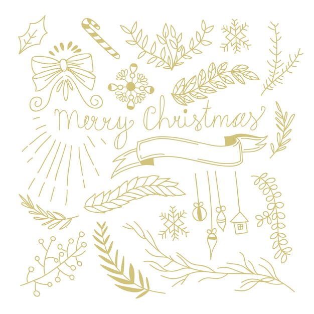 Winter botanical festive hand drawn concept with tree branches bow candy toys ribbon in monochrome style illustration