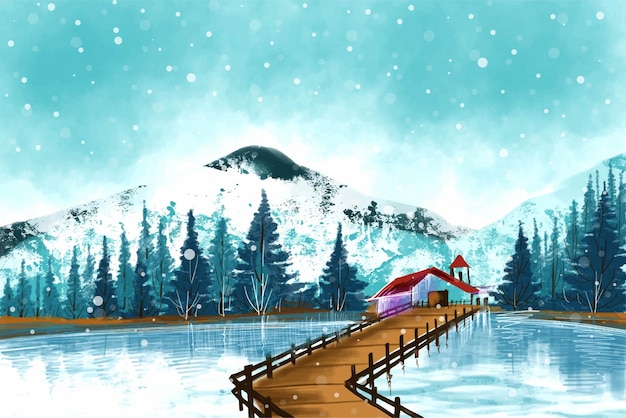 Free Vector winter christmas landscape with forest tree covered with snow holiday card background