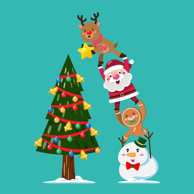 Winter Christmas tree with santa claus and team decorating Christmas tree on snow. Vector illustration design element for invitation card, party, New Year's, Christmas, web, cards and publications