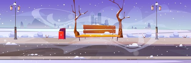 Winter city park with wooden bench, bare trees, blizzard and snowdrifts