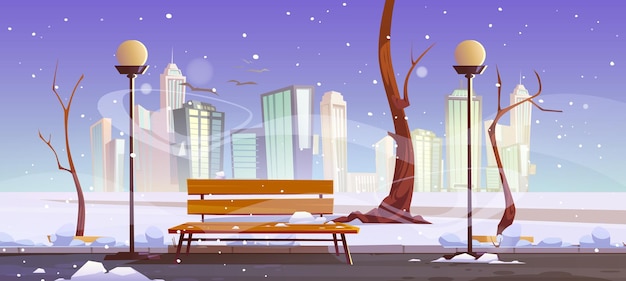 Free Vector winter city park with wooden bench bare