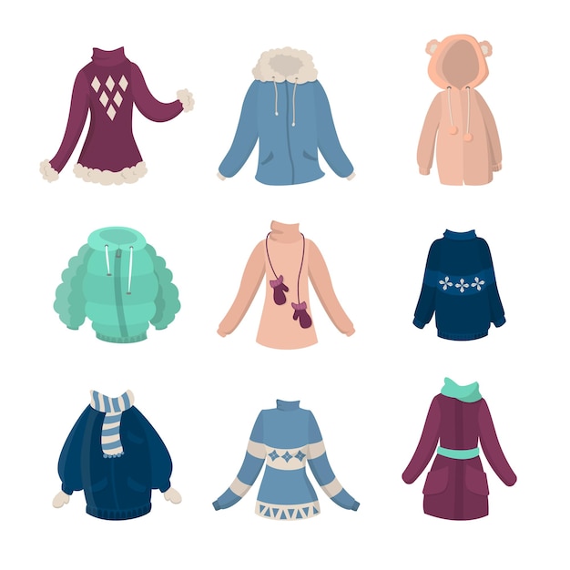 Free Vector winter clothes set females coats and sweaters on white background