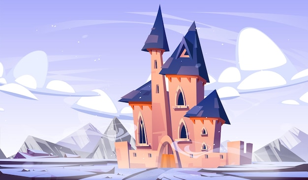 Free Vector winter fantasy castle in kingdom with snow cartoon background frozen magic fairy tale palace for princess illustration road to fortress through beautiful snowy mountain and rock terrain environment