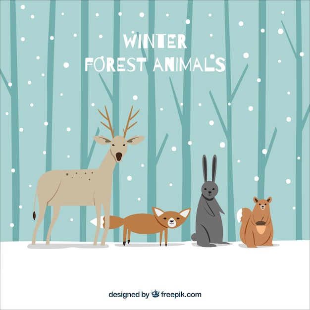 Winter forest background with pretty animals