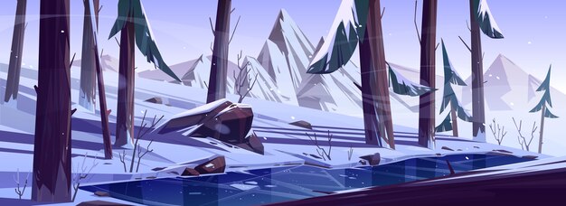 Winter forest with frozen pond. Nature landscape with conifers trees and mountains covered with snow, wild park or garden with icy lake, rocks, pines and bushes, Cartoon vector illustration