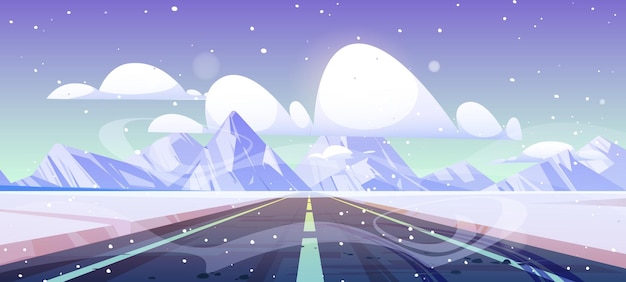 Free Vector winter highway straight empty road disappear at mountain landscape way with snowy fields by sides under falling snowflakes scenic path with tire trails perspective view cartoon vector illustration