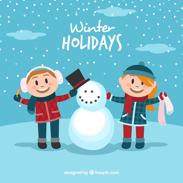 Winter holidays background with two children and a snowman