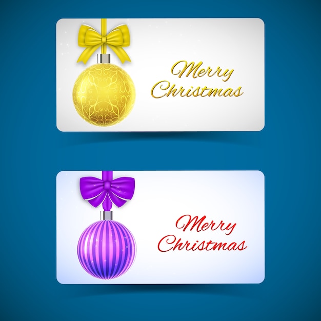 Winter Holidays horizontal cards with hanging yellow purple ornate Christmas baubles and ribbon bows