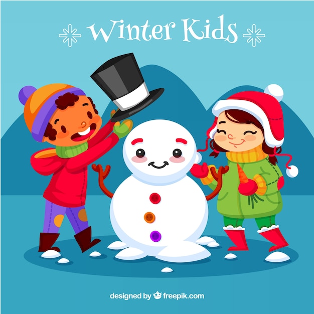 Winter kids finishing a snowman