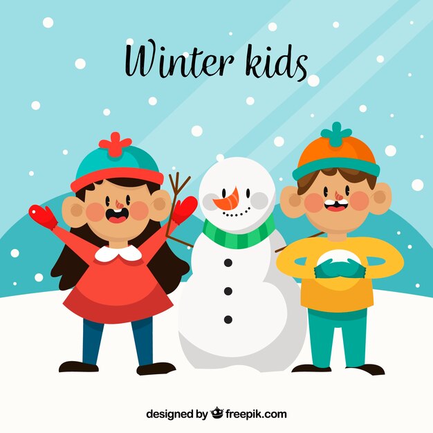 Winter kids with a snowman