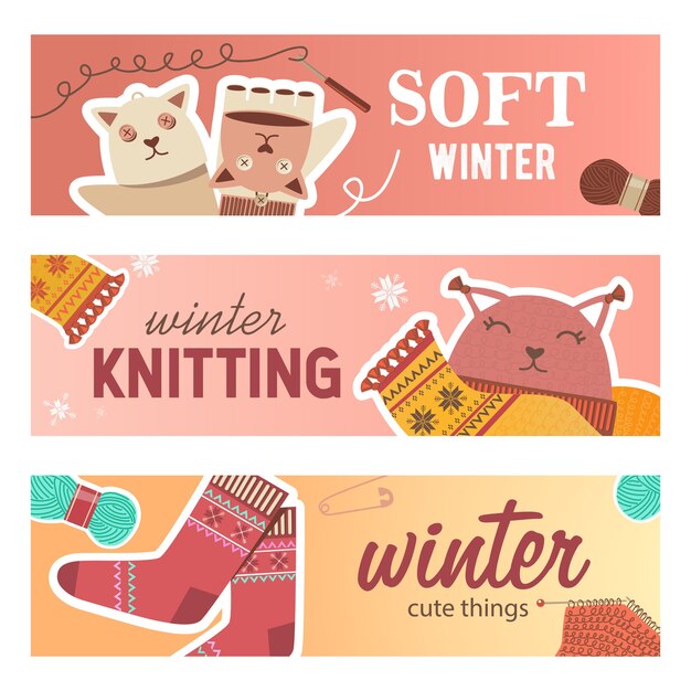 Winter knitting banners set. Pins and yarns, crochet, knitted toys, scarf and socks vector illustrations with text. Handmade hobby concept for craft shop flyers and brochures design