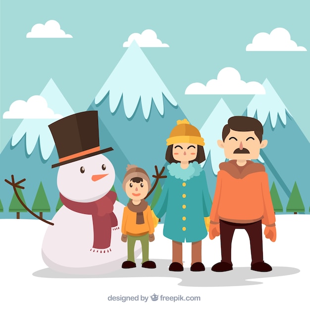 Winter landscape background with family and snowman