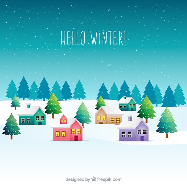 Free Vector winter landscape with colorful houses