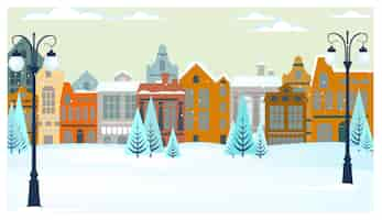 Free vector winter landscape with cottages, trees and street lights