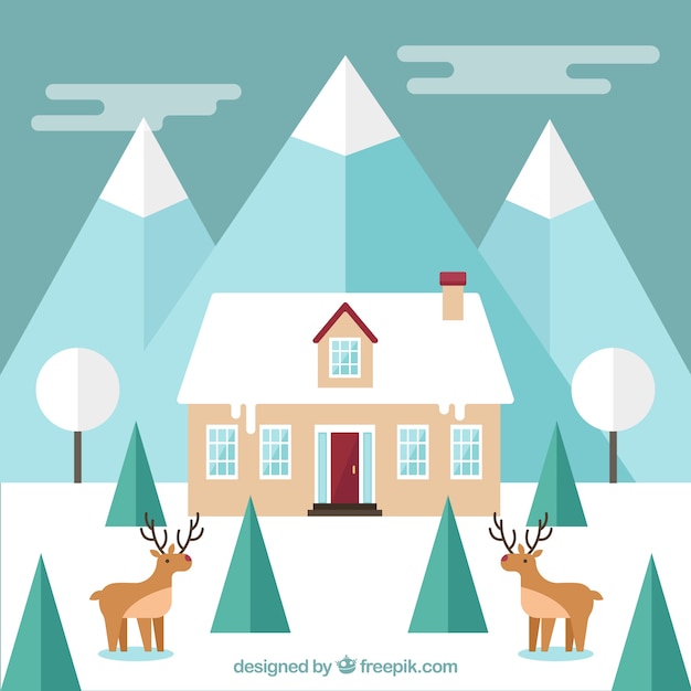 Free vector winter landscape with deers in front of house