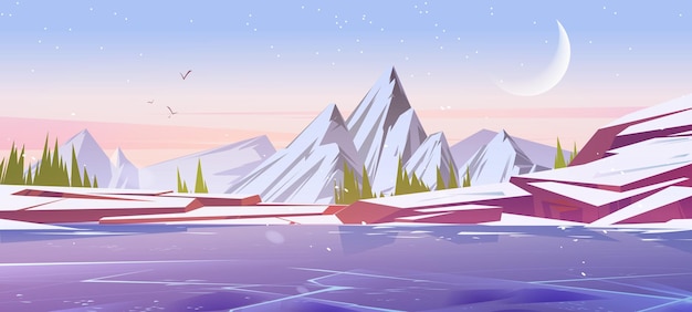 Free Vector winter landscape with frozen lake and mountains at early morning vector cartoon illustration of northern nature scene with coniferous trees ice on river snowy rocks moon and stars in sky