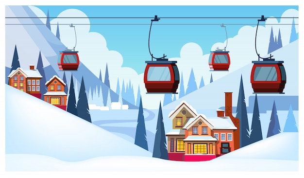 Winter landscape with guest houses and ski cable cars