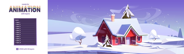 Free Vector winter landscape with house snow fields and frozen lake vector parallax background ready for 2d animation with cartoon illustration of snowfall ice rink and village cottage