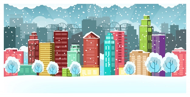 Free vector winter landscape with houses, bridges and skyscrapers