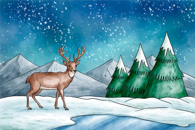 Free Vector winter landscape with reindeer background