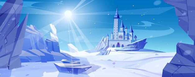 Free Vector winter mountain landscape with medieval castle vector cartoon illustration of fairytale frozen palace with towers rocky background covered with ice and snow snowflakes in air magic cold kingdom