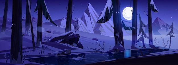 Free Vector winter night landscape with mountains and forest