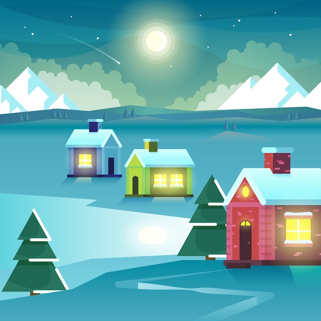 Free Vector winter night mountains and houses. outdoor ice hill travel, moonlight settlement or village, peak and moon. vector illustration