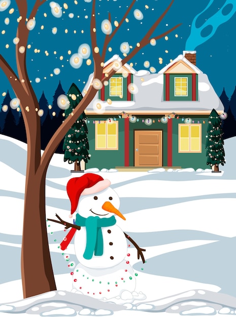 Free Vector winter night outdoor scene with a snowman and decorated christma