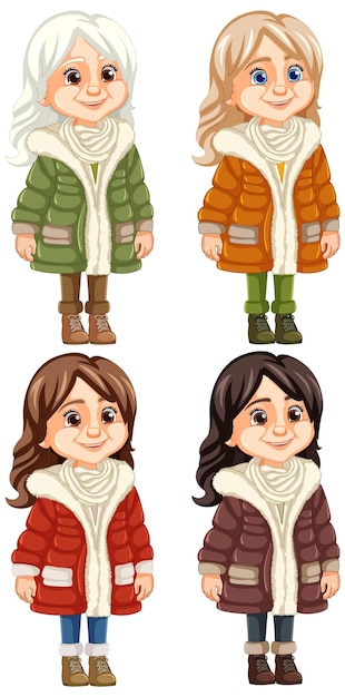 Free Vector winter outfit women wearing beanie hat and parka fur jacket