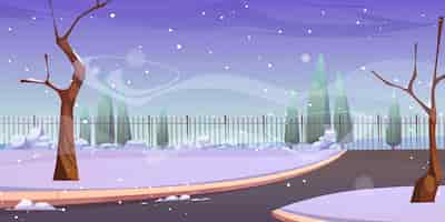 Free vector winter park with snow bare trees and fence