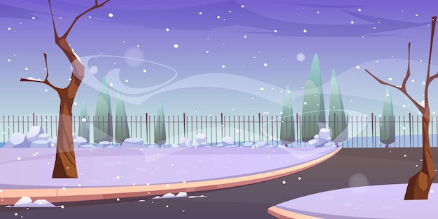 Free Vector winter park with snow bare trees and fence