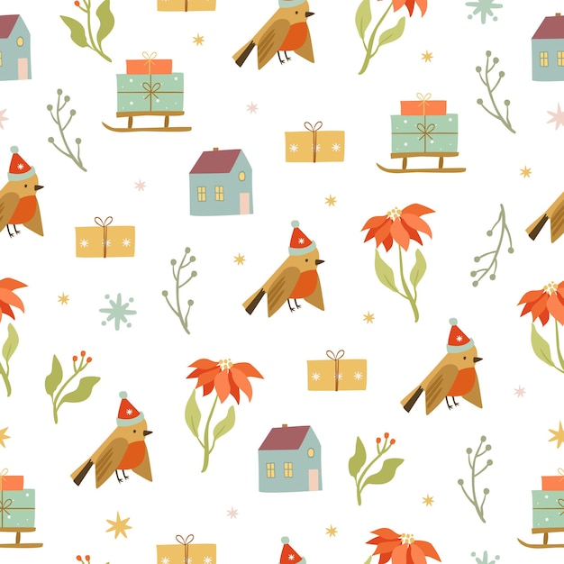 Winter pattern with bullfinch bird, flowers, houses and packages