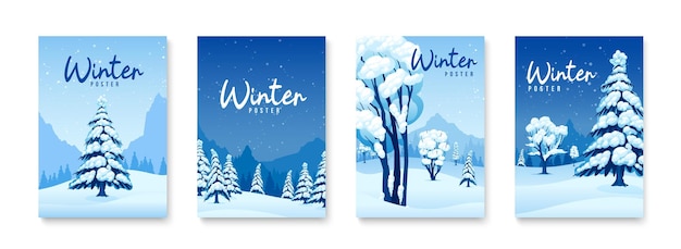 Free Vector winter posters blue set with snowdrifts and christmas trees isolated vector illustration