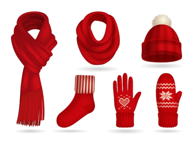 Winter red knitted clothes realistic set with mittens and scarf isolated