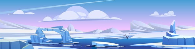 Free Vector winter river landscape with ice floes on water surface vector cartoon illustration of nordic nature background arch of white stones blue and pink sky with clouds north pole land covered with snow