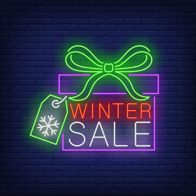 Free Vector winter sale banner, gift box in neon style