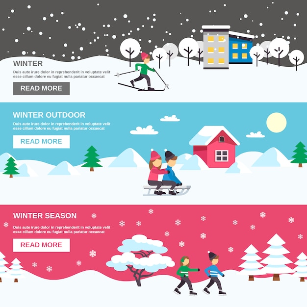 Winter Season Flat Banners Set