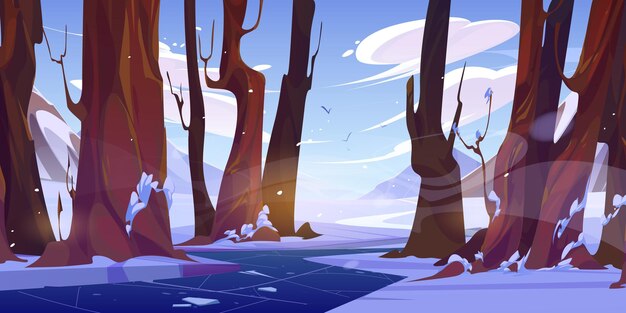 Winter season nature mountain river flowing in forest Vector cartoon illustration of white snowy landscape with trees frozen stream or brook clouds in blue sky and flying birds windy weather