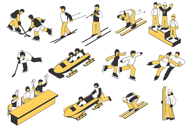 Free Vector winter sport isometric icons set with athletes participating in bobsleigh skiing figure skating hockey competition isolated 3d vector illustration